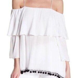 Alice + Olivia NWT Meagan White Off Shoulder Ruffle Pom Pom Trim Top Sz XS